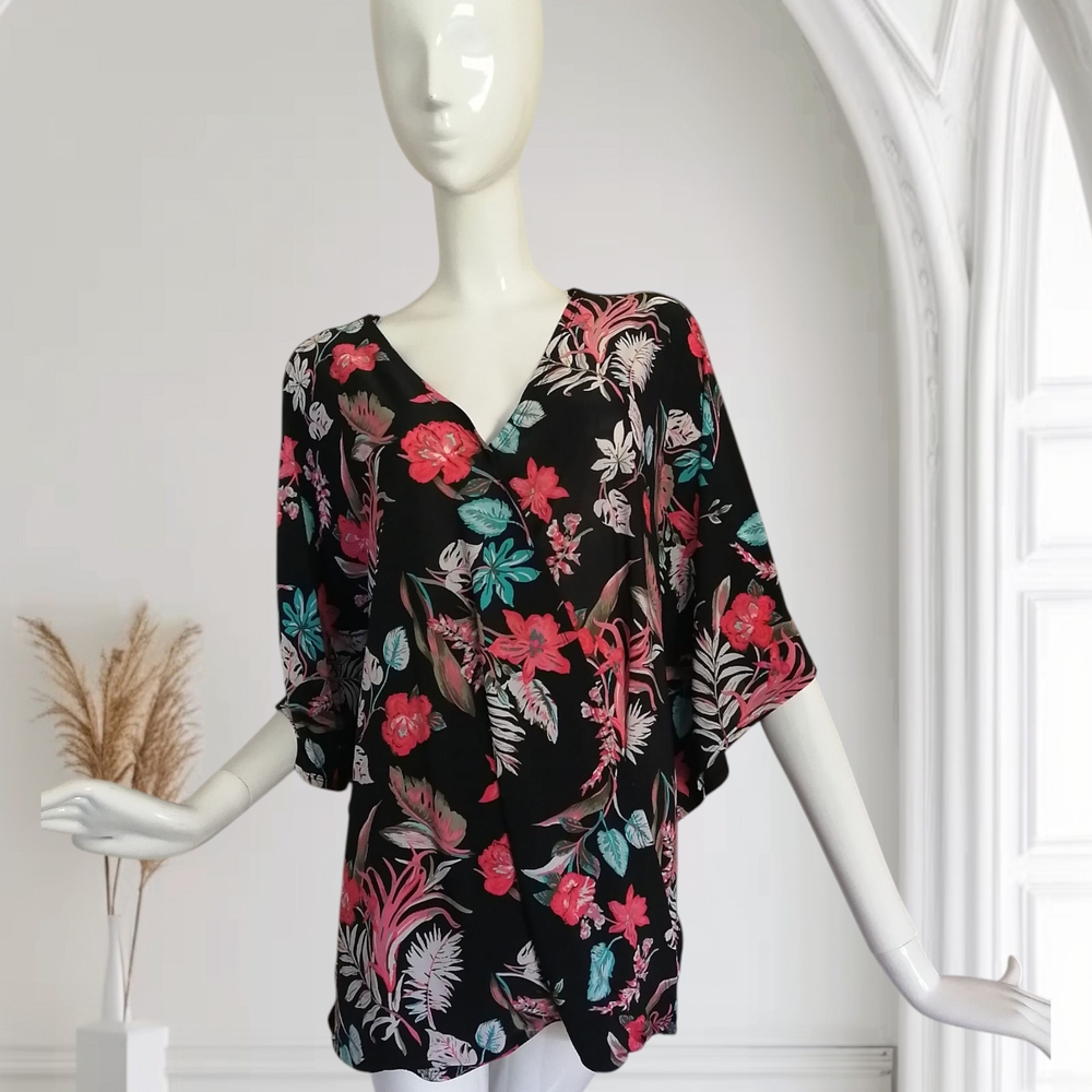 Elegant Floral Wrap Blouse - Black, Red, and Green